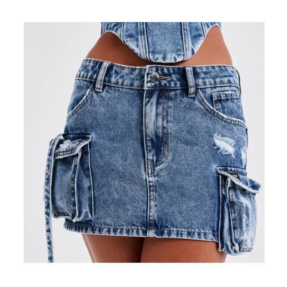 Babyboo Billie Denim Mini Skirt Women XS Dark Wash Cargo Distressed Festival